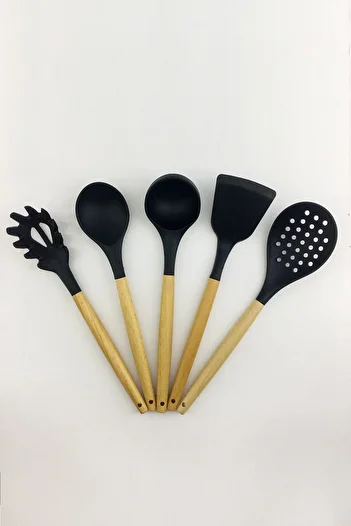 morponi Bamboo Handle Black Non-Scratch Silicone Colander Ladle Spoon Pasta Salad Spoon Spatula Set of 5