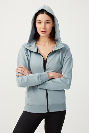 Los Ojos Women's Blue Gray Hooded Zippered Sweatshirt Tracksuit Top