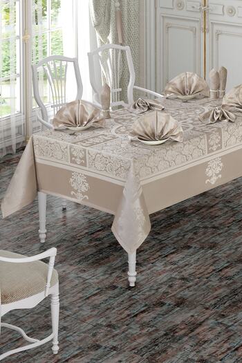 BİRHOME Vip Cotton Tablecloth Set for 12 Persons Coffee