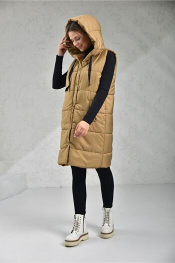 ECRİN MODA Дамски пухен елек с качулка и джоб в кафяв цвят