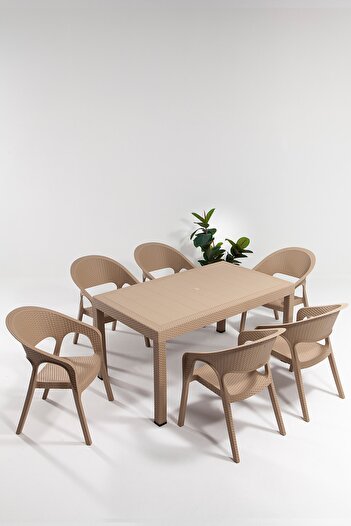 SANDALİE Garden Large 90x150cm Rattan Cappucino Masa Takımı Bahçe&balkon - 1 Masa 6 Sandalye