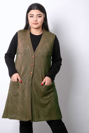 Elvin Plus Size Knitwear Women's Spring Beaded Mother Hijab Long Vest