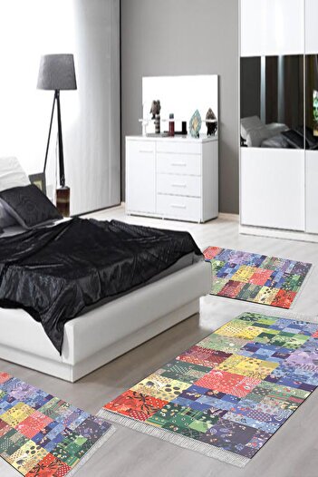 Alanur Home Eco Trend Djt Washable Non-Slip Base 3-Piece Bedroom Set Mu148 Patchwork Colorful
