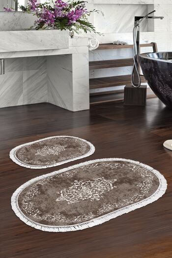 Alanur Home Eko Trend Djt 2 Piece Washable Non-Slip Base Oval Bathroom Mat 616 Classic Brown (50 X 80 - 40 X 50)