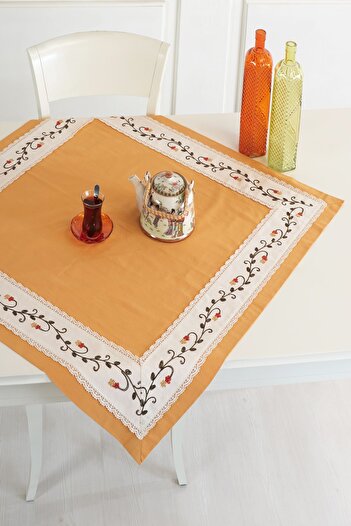 ÖDEL HOME Mustard Buldan Fabric Flower Embroidered 90X90 cm Tablecloth