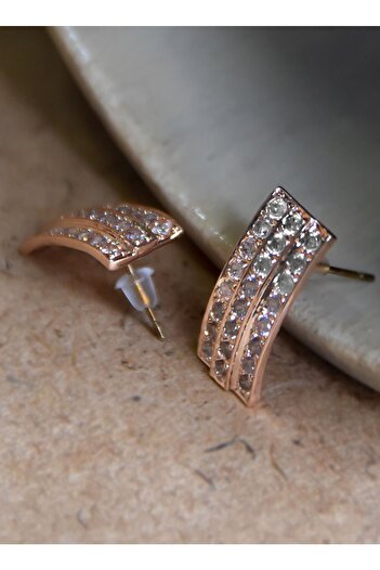 Ervanur Rose Plated Three Row Stone Rectangular Women's Earrings
