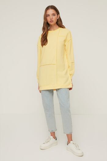 Trendyol Modest Übergroßes gelbes Strick-Sweatshirt – gerippte Details TCTSS22TW0002