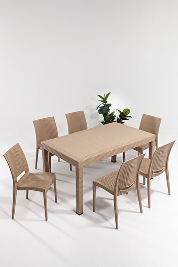 SANDALİE Rattan Large Cappucino Masa Takımı Bahçe&balkon 1 Masa + 6 Sandalye