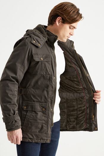 DYNAMO Men's Khaki Hooded Fur Lined Waterproof Coated Thick Coat