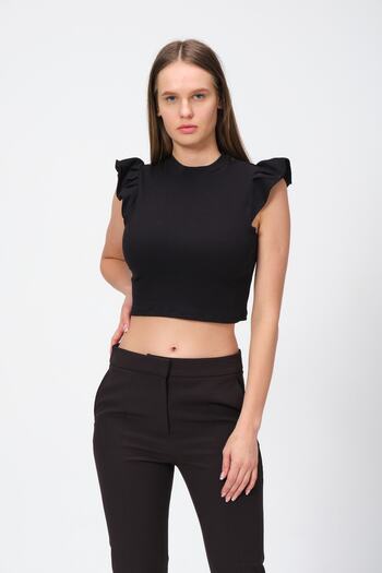 PUNKY CAT Women's Black Sleeve Ruffle Knitted Blouse