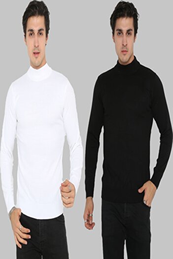 KMKkombin Large Size Men's Sports Fishing Sweater - Black and White, Full Neck