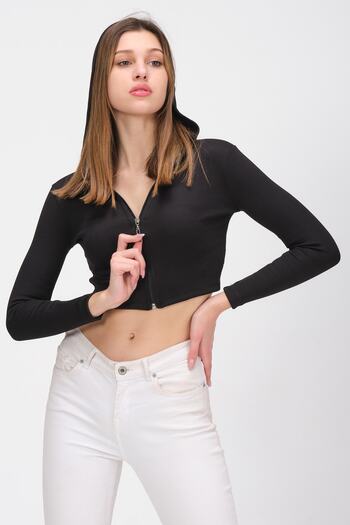PUNKY CAT Women's Black Hooded Short Crop Blouse