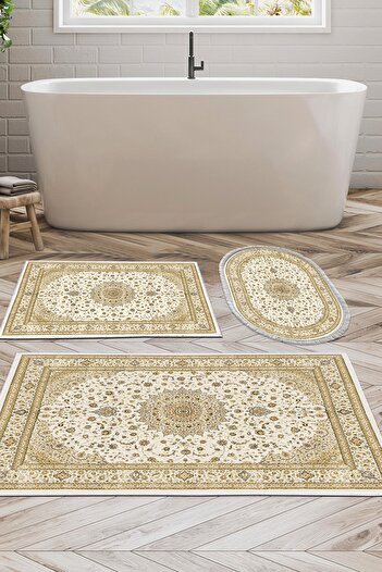 Alanur Home Eko Trend Djt Σετ πατάκι μπάνιου με αντιολισθητική βάση 3 τεμαχίων που πλένεται P1360 Ottoman Cream