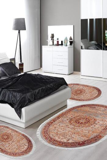 Alanur Home Eco Trend Djt Washable Non-Slip Base Oval 3-Piece Bedroom Set P1356 Vintage Red