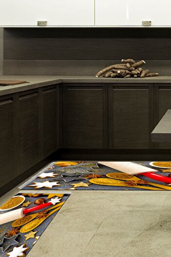Alanur Home Eco Trend Djt 2-Piece Washable Non-Slip Base Kitchen Carpet Set F5064 Kitchen Colorful