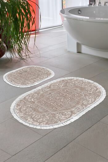 Alanur Home Eko Trend Djt 2 Piece Washable Base Oval Bathroom Mat 1488 Modern Brown (60 X 100 - 50 X 60)