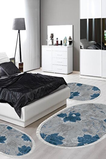 Alanur Home Eco Trend Djt Washable Non-Slip Base Oval 3-Piece Bedroom Set 660m Watercolor Blue