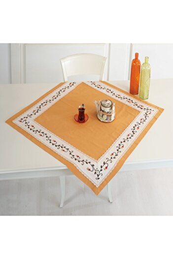 ÖDEL HOME Mustard Buldan Fabric Flower Embroidered 90X90 cm Tablecloth