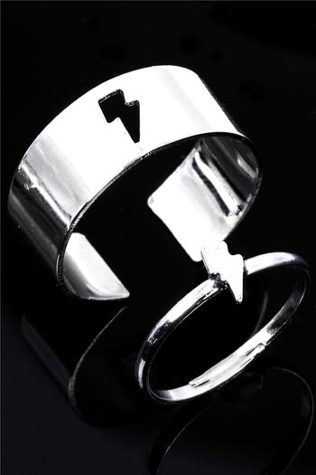 LABALABA Silver Color Lacquer Plated Adjustable Pair of 2 Rings with Lightning Bolt Figure