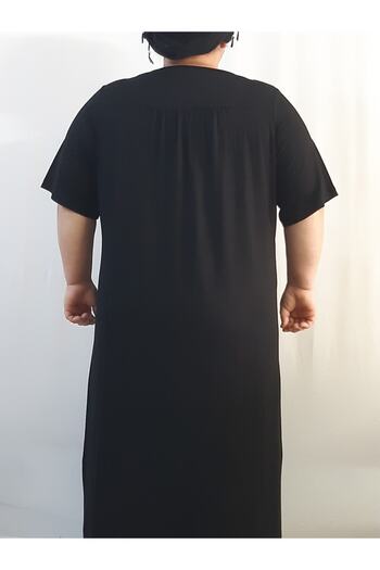 Mertcan Butik Μαύρο χτενισμένο βαμβακερό φόρεμα βισκόζης με κορδόνι στο μπροστινό μέρος και στην πλάτη