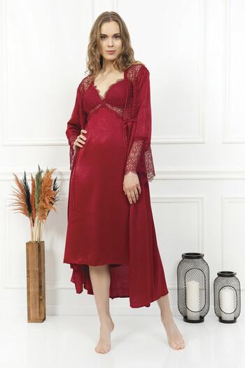 EXCLUSIVE Luxury Burgundy Satin Six-Piece Nightgown and Dressing Gown Set
