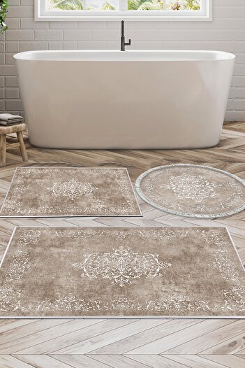 Alanur Home Eko Trend Djt 3-Pece Washable Αντιολισθητική Βάση Χαλάκι Μπάνιου Σετ 616 Classic Beige