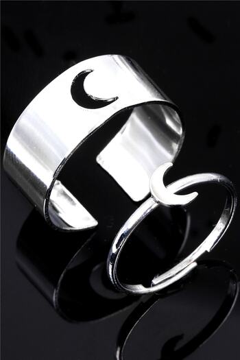 LABALABA Silver Color Lacquer Plated Adjustable Pair of 2 Rings with Moon Figure