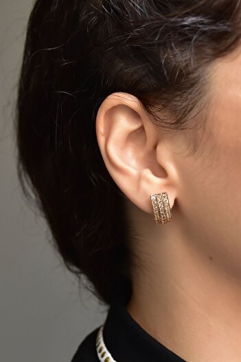 Ervanur Rose Plated Three Row Stone Rectangular Women's Earrings