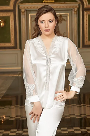 Barina Ecru 6-Piece Lace Detailed Satin Nightgown - Dowry Set