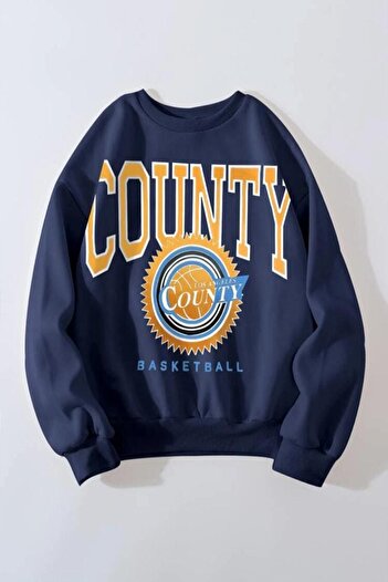 AFROGİYİM Γυναικείο φούτερ με στάμπα Navy Blue Oversize County