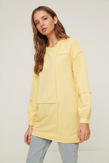 Trendyol Modest Übergroßes gelbes Strick-Sweatshirt – gerippte Details TCTSS22TW0002