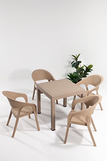 SANDALİE Garden Rattan Cappucino Masa Takımı Bahçe&balkon - 1 Masa 4 Sandalye