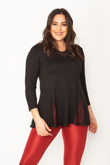 Şans Women's Large Size Black Viscose Blouse with Lace Detail on Collar and Hem 65n30460