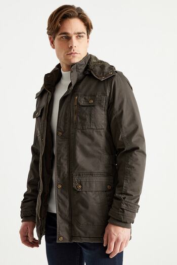 DYNAMO Men's Khaki Hooded Fur Lined Waterproof Coated Thick Coat