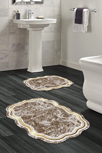 Alanur Home Laser Cut Djt 2 Pack Πλενόμενη αντιολισθητική βάση Χαλάκι μπάνιου Σετ Τουαλέτας 203 Φιγούρα Καφέ