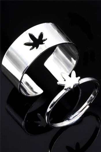 LABALABA Silver Color Lacquer Plated Adjustable Pair of 2 Rings with Leaf Figures