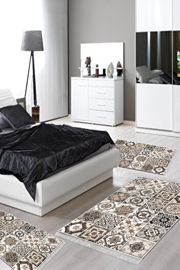 Alanur Home Eko Trend Djt Мийний нековзний підлогу 3-х спальний гарнітур Mu144 Patchwork Кава