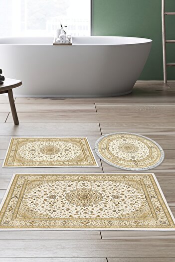 Alanur Home Eko Trend Djt Σετ πατάκι μπάνιου με αντιολισθητική βάση 3 τεμαχίων που πλένεται P1360 Ottoman Cream