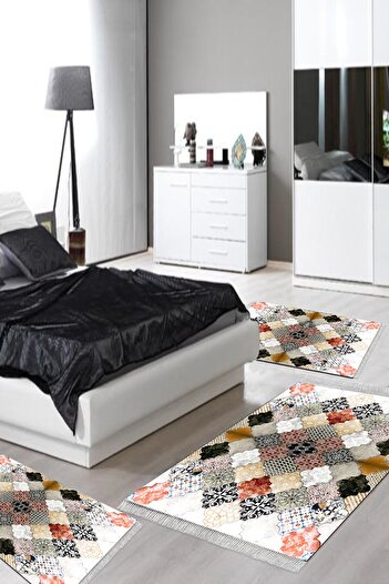 Alanur Home Eco Trend Djt Washable Non-Slip Base 3-Piece Bedroom Set Mu120 Patchwork Colorful