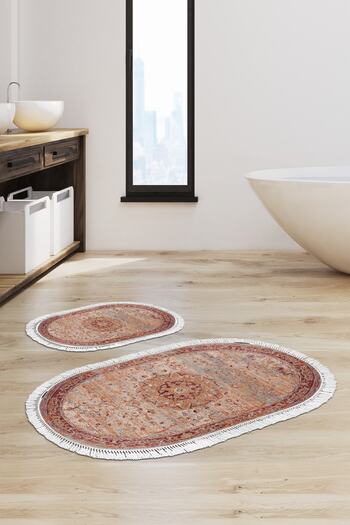 Alanur Home Eco Trend Djt 2 Piece Washable Base Oval Bathroom Mat P1356 Vintage Red (50 X 80 - 40 X 50)