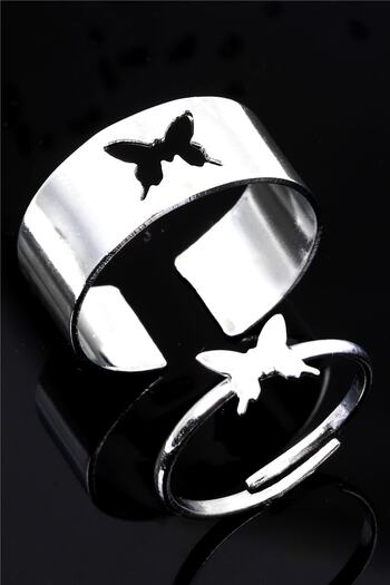 LABALABA Butterfly Figured Silver Color Lacquer Plated Adjustable Pair of 2 Rings