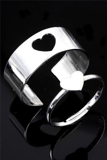 LABALABA Heart Figured Silver Color Lacquer Plated Adjustable Pair of 2 Rings