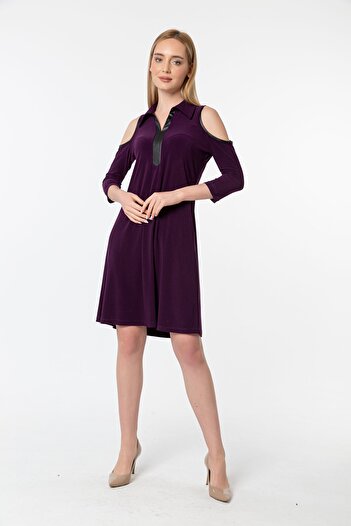 Laranor Plum Shirt Collar Shoulder Low-cut Dress