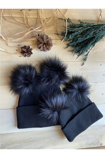 ESES BEBE Black Double Pompom Detailed Mother Child Beanie