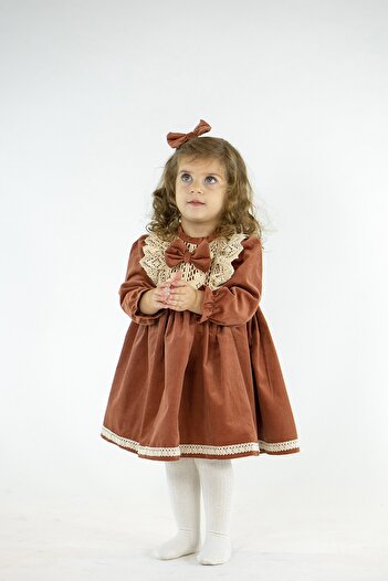 Catz Kids Açık Kahve Kadife Güpürlü Elbise + Toka