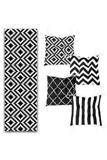 Realhomes Black and White Geometric Drawings Designed Set of 4 Pouf Chair Cushions and 1 Runner