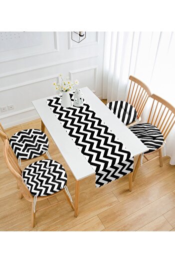 Realhomes Black and White Geometric Designed Set of 4 Round Pouf Chair Cushions and 1 Runner