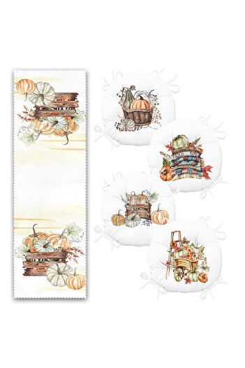 Realhomes Autumn Themed Pumpkin Motif Set of 4 Round Fluffy Chair Cushions and 1 Runner