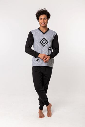 Nur Aka by Nurteks Geometric Patterned Black Plus Size Pajama Set