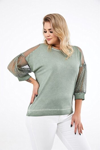 Seamoda Women's Green Sleeve Lace Detailed Blouse